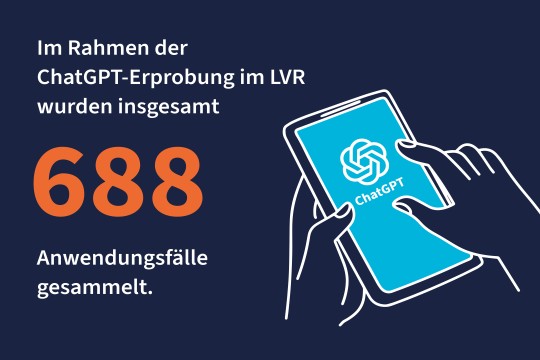 Illustration von zwei Händen, die ein Tablet halten. Darauf der Text: Im Rahmen der ChatGPT-Erprobung im LVR wurden insgesamt 688 Anwendungsfälle gesammelt.