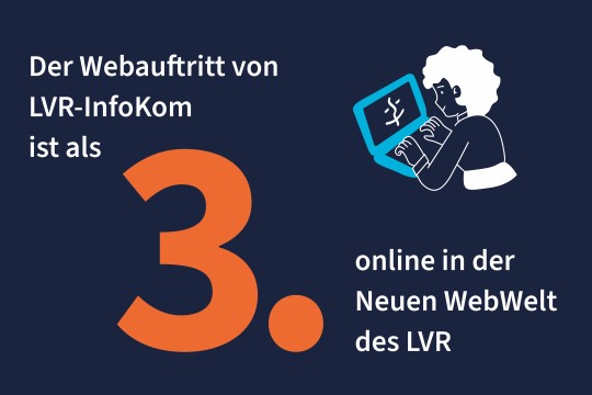 Illustration von einer Frau am Laptop. Darauf der Text: Der Webauftritt von LVR-InfoKom ist als dritter online in der neuen Webwelt des LVR.