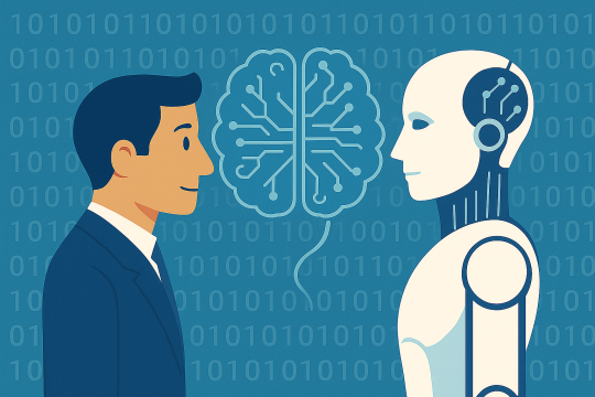 Illustration von Mensch und Roboter zum Thema KI