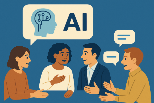 Illustration von vier Personen im Gespräch über Künstliche Intelligenz. 