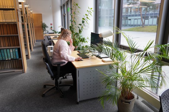 Eine Frau sitzt an einem PC-Arbeitsplatz an der Fensterfront der Bibliothek